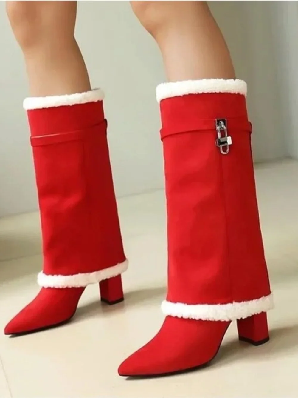AIJIVOU Size 9.5 Boots Red Fold Over Padlock Mid Calf Pointed Toe Fur Trim
